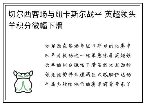 切尔西客场与纽卡斯尔战平 英超领头羊积分微幅下滑