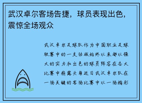 武汉卓尔客场告捷，球员表现出色，震惊全场观众