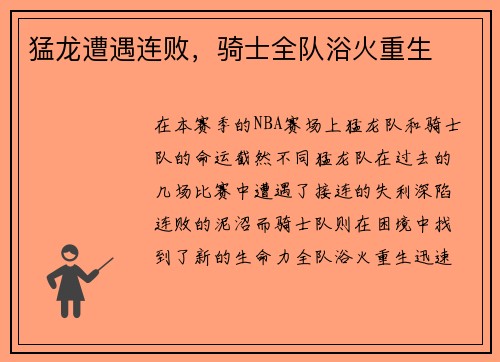 猛龙遭遇连败，骑士全队浴火重生