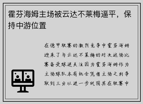 霍芬海姆主场被云达不莱梅逼平，保持中游位置