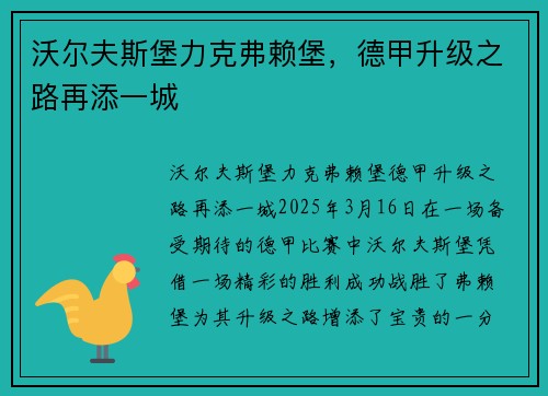 沃尔夫斯堡力克弗赖堡，德甲升级之路再添一城