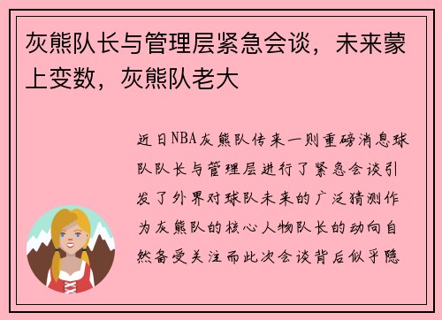 灰熊队长与管理层紧急会谈，未来蒙上变数，灰熊队老大