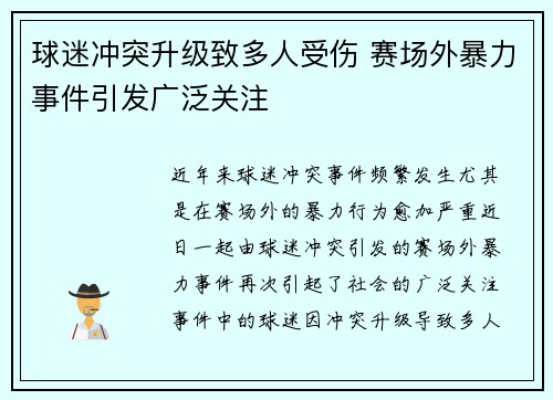 球迷冲突升级致多人受伤 赛场外暴力事件引发广泛关注