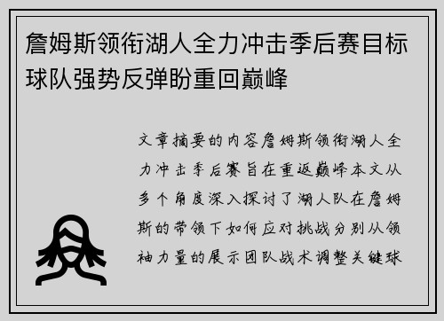 詹姆斯领衔湖人全力冲击季后赛目标球队强势反弹盼重回巅峰